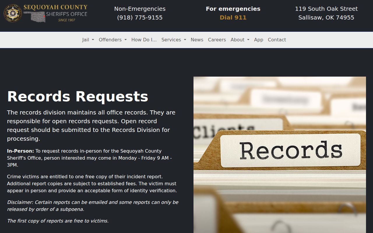 Sequoyah County Jail release records office hours and access limits